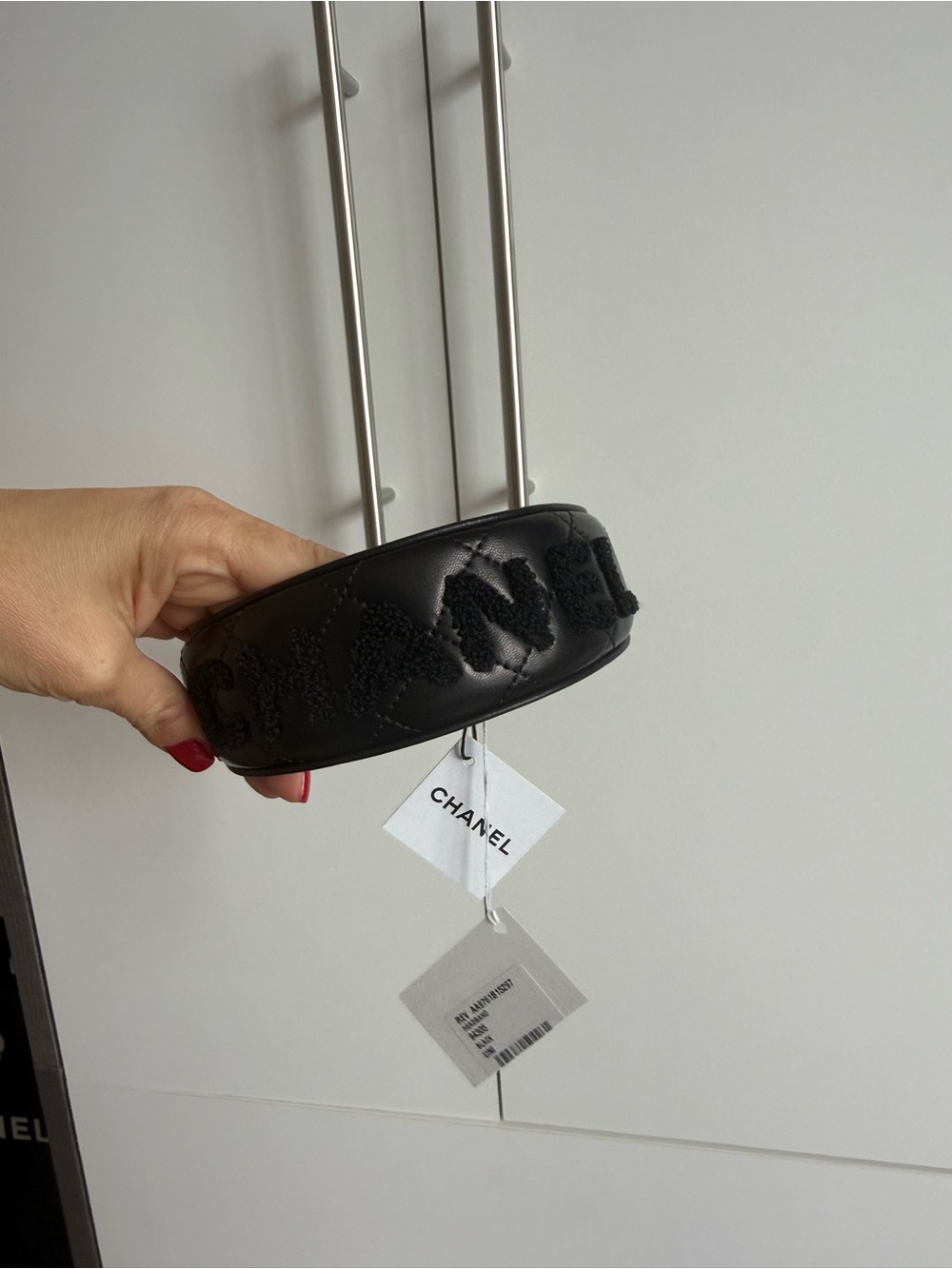 CHANEL Black Quilted Logo Leather Headband